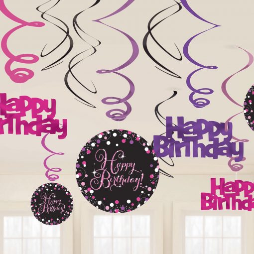 Hängedeko Spiralen Happy Birthday schwarz pink funkelnd party metallicfolie pappe amscan 0013051665739