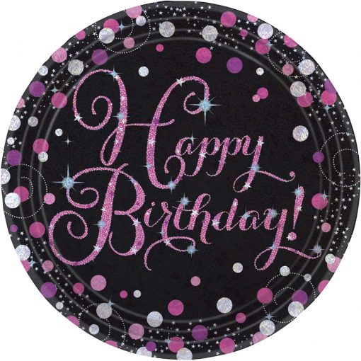 8 Teller Happy Birthday schwarz pink funkelnd party rund pappteller 23cm amscan 0013051637354
