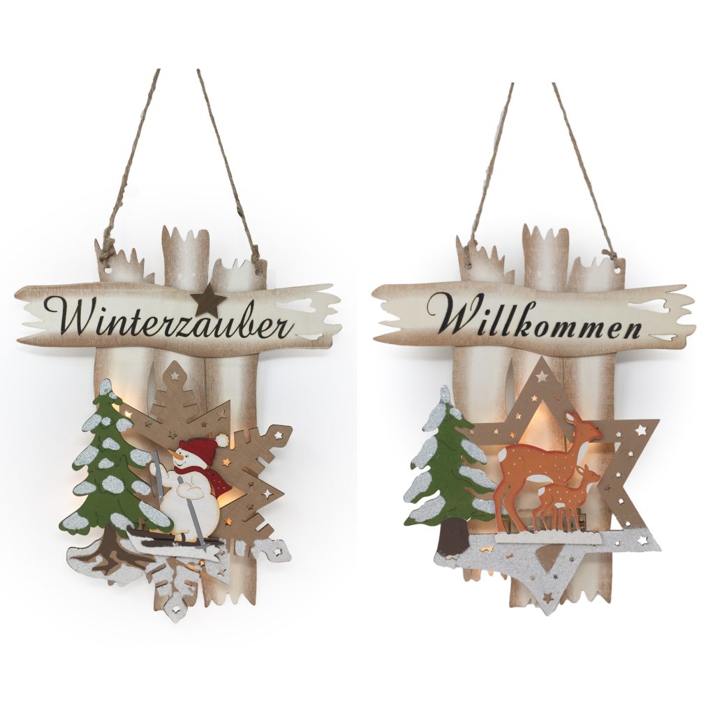Fensterbild beleuchtet Winterzauber / Willkommen 3D Wandbild Winter Weihnachtsdeko Holz Türdeko