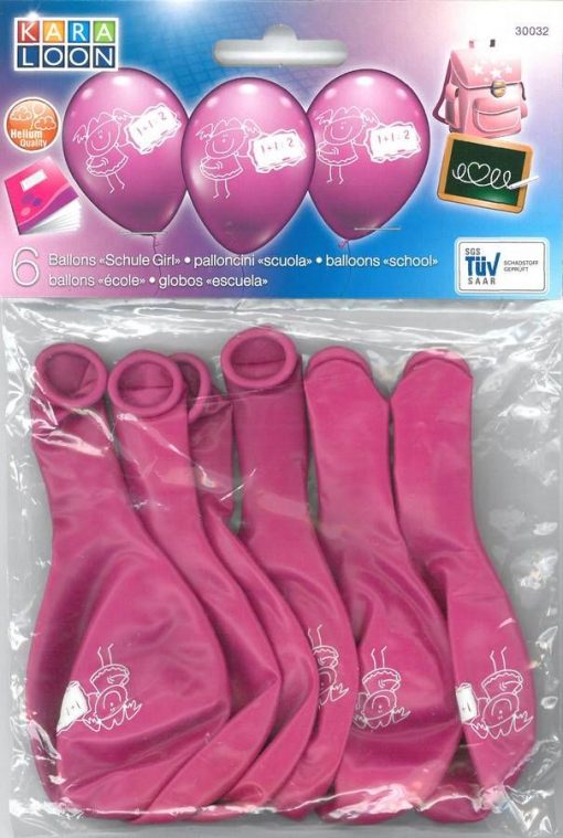 Schulmädchen Schuleinführung Luftballon 6er Set mit 28-30 cm Ballondurchmesser in kräftigem Pink zur Schuleinführung, auch für Helium geeignet.