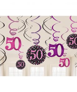 Hängedeko Spiralen 50. Geburtstag schwarz pink funkelnd 12-teilig.Die hängenden Spiralen habe eine Länge von 45 cm bis 60 cm.