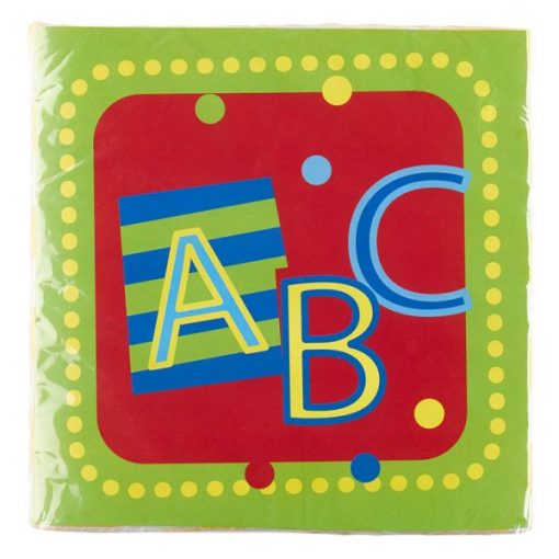 Servietten Schulanfang ABC Tischdeko Schuleinführung. Das Motiv ist Mehrfarbig mit Schriftzug ABC, von rotem Quadrat und vielen gelben Punkten umrahmt.
