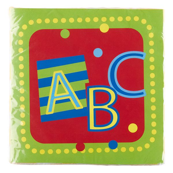 Servietten Schulanfang ABC Tischdeko Schuleinführung. Das Motiv ist Mehrfarbig mit Schriftzug ABC, von rotem Quadrat und vielen gelben Punkten umrahmt.