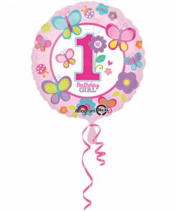 Folienballon 1. Geburtstag Schmetterlinge Sweet Birthday Girl. Luftballon ca. 45cm mit selbstschließenden Ventil. Für Luft & Helium Ballonweitflugkarten
