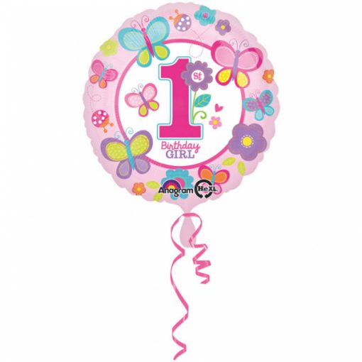 Folienballon 1. Geburtstag Schmetterlinge Sweet Birthday Girl. Luftballon ca. 45cm mit selbstschließenden Ventil. Für Luft & Helium Ballonweitflugkarten