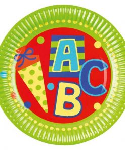 8 Teller Schulanfang ABC Schuleinführung 23cm grün. Motiv Mehrfarbig mit Zuckertüte & Schriftzug ABC sowie bunte Punkte auf roten / grünen Untergrund.