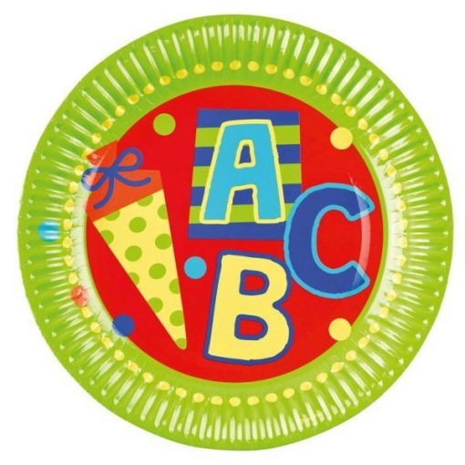 8 Teller Schulanfang ABC Schuleinführung 23cm grün. Motiv Mehrfarbig mit Zuckertüte & Schriftzug ABC sowie bunte Punkte auf roten / grünen Untergrund.