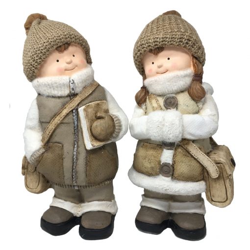 Deko Figuren Winterkinder mit Tasche und Buch, Deko Kinder weiss braun