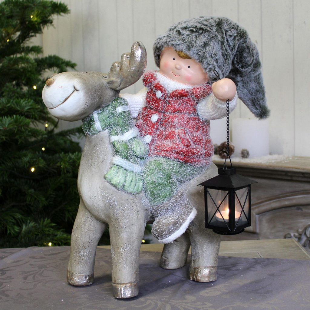 Details Zu Winter Deko Kinder Junge Auf Elch Laterne 45cm Goldbach Weihnachtsdeko Figur
